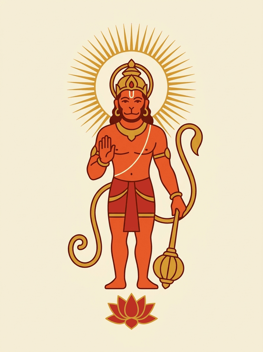 An illustration of Shri Hanuman, holding the gada, with a radiant halo